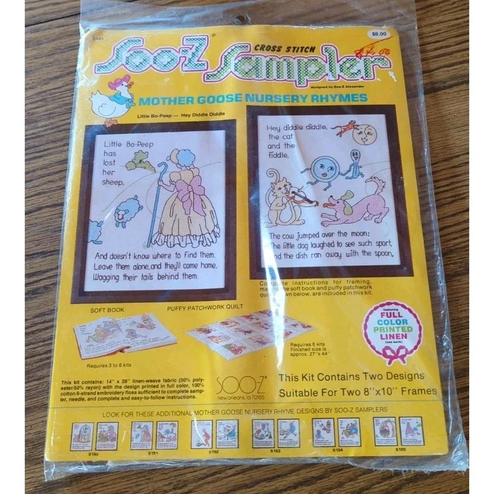 Vintage New Cross Stitch Mother Goose Nursery Rhymes Soo-Z Sampler Framed 8x10